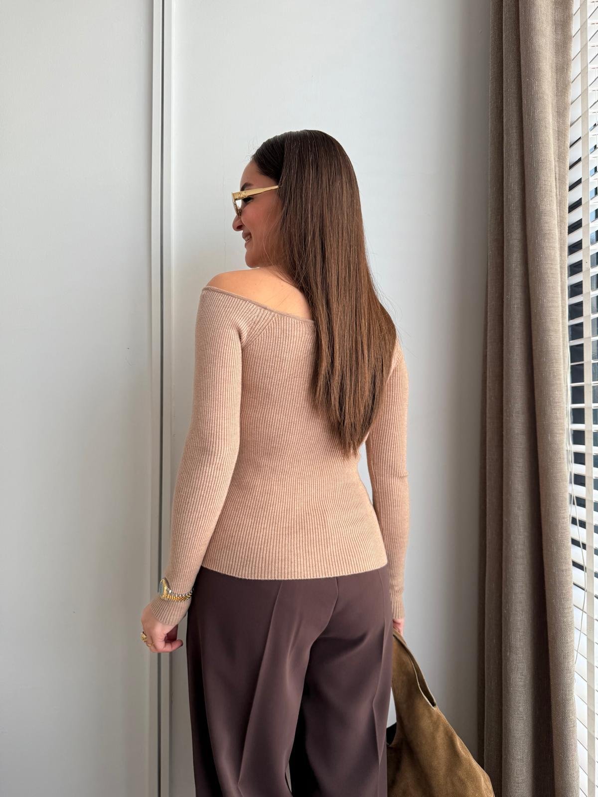 Camel V Yaka Fitilli Triko Bluz 241163