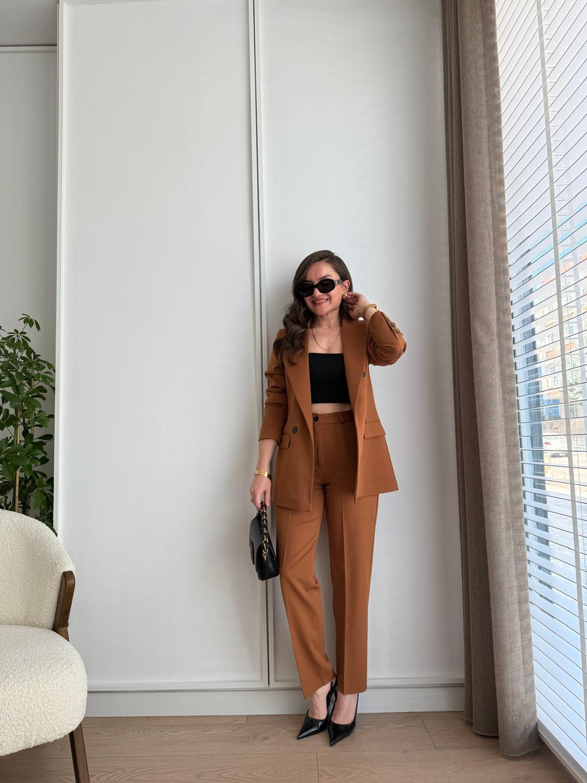 Camel Vatkalı Düğme Detaylı Astarlı Blazer Ceket Pantolon Takım 43363
