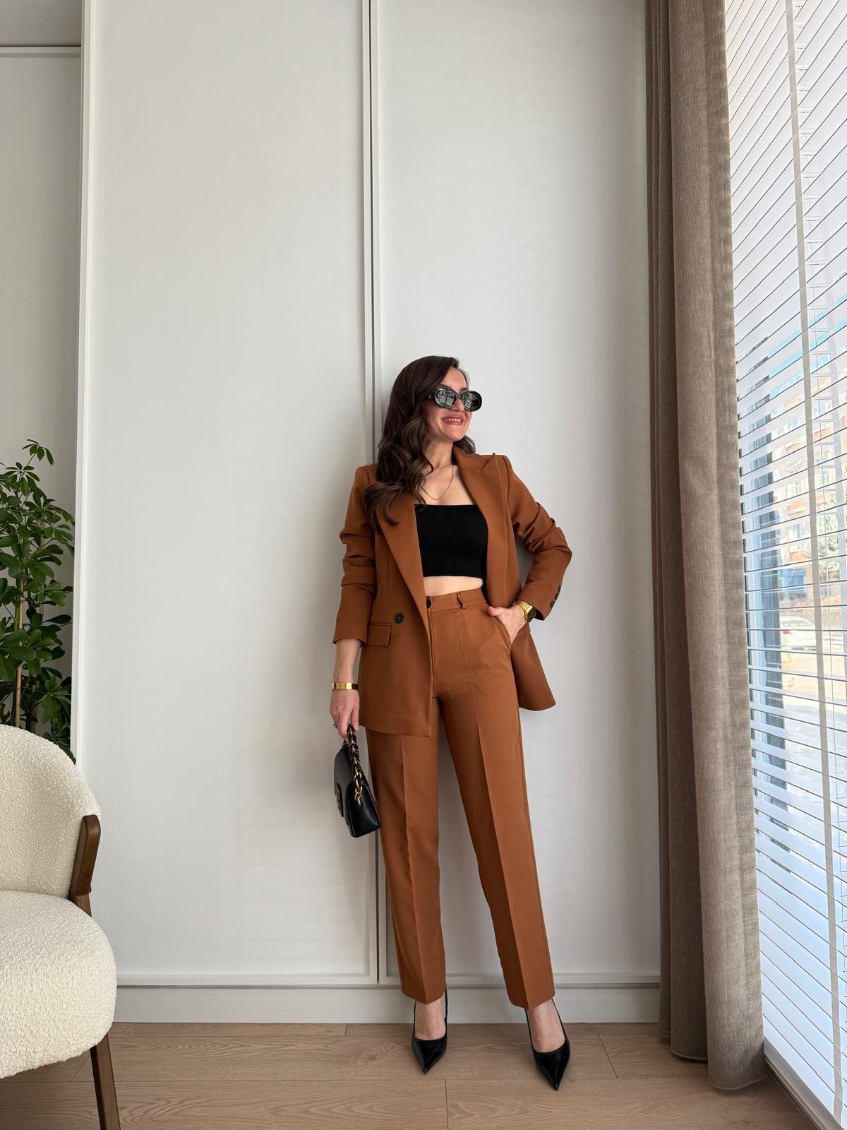 Camel Vatkalı Düğme Detaylı Astarlı Blazer Ceket Pantolon Takım 43363