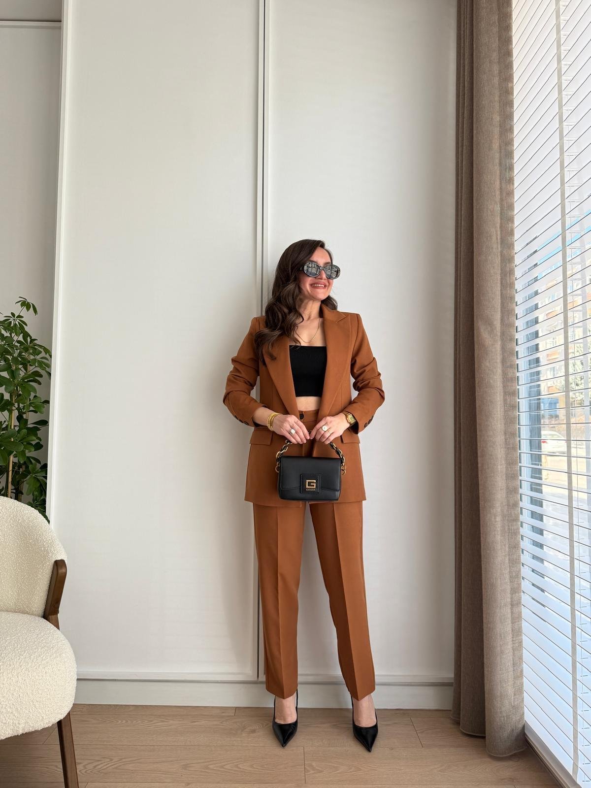 Camel Vatkalı Düğme Detaylı Astarlı Blazer Ceket Pantolon Takım 43363