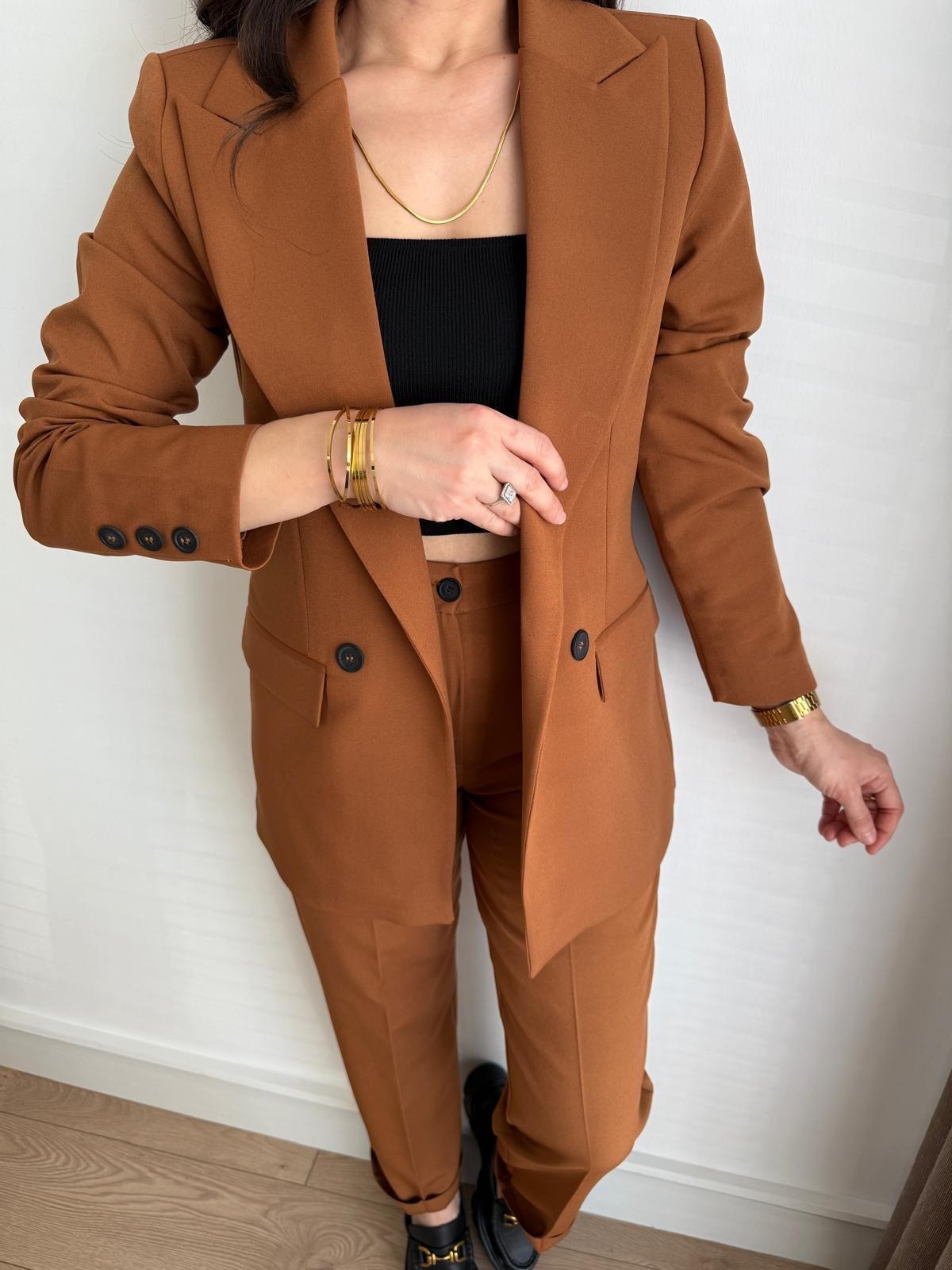Camel Vatkalı Düğme Detaylı Astarlı Blazer Ceket Pantolon Takım 43363