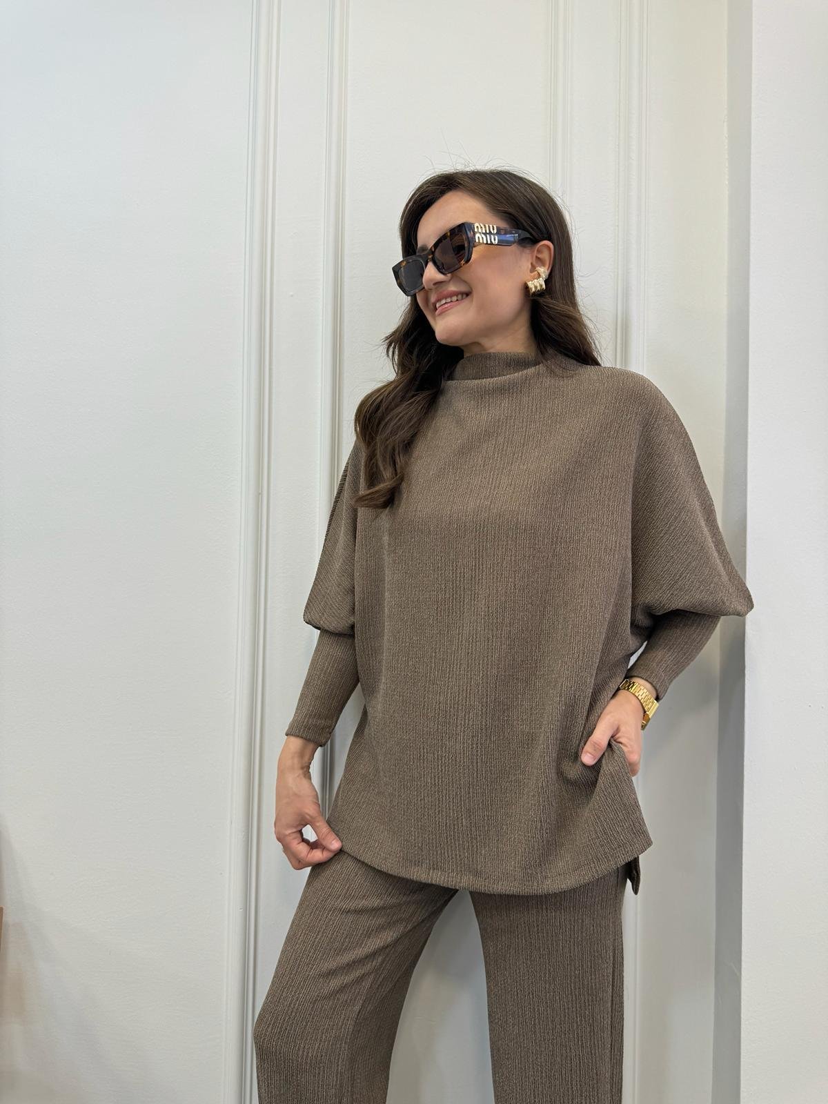 Camel Yıkamalı Krinkıl Kumaş Yarasa Kol Bluz Pantolon Takım 4111