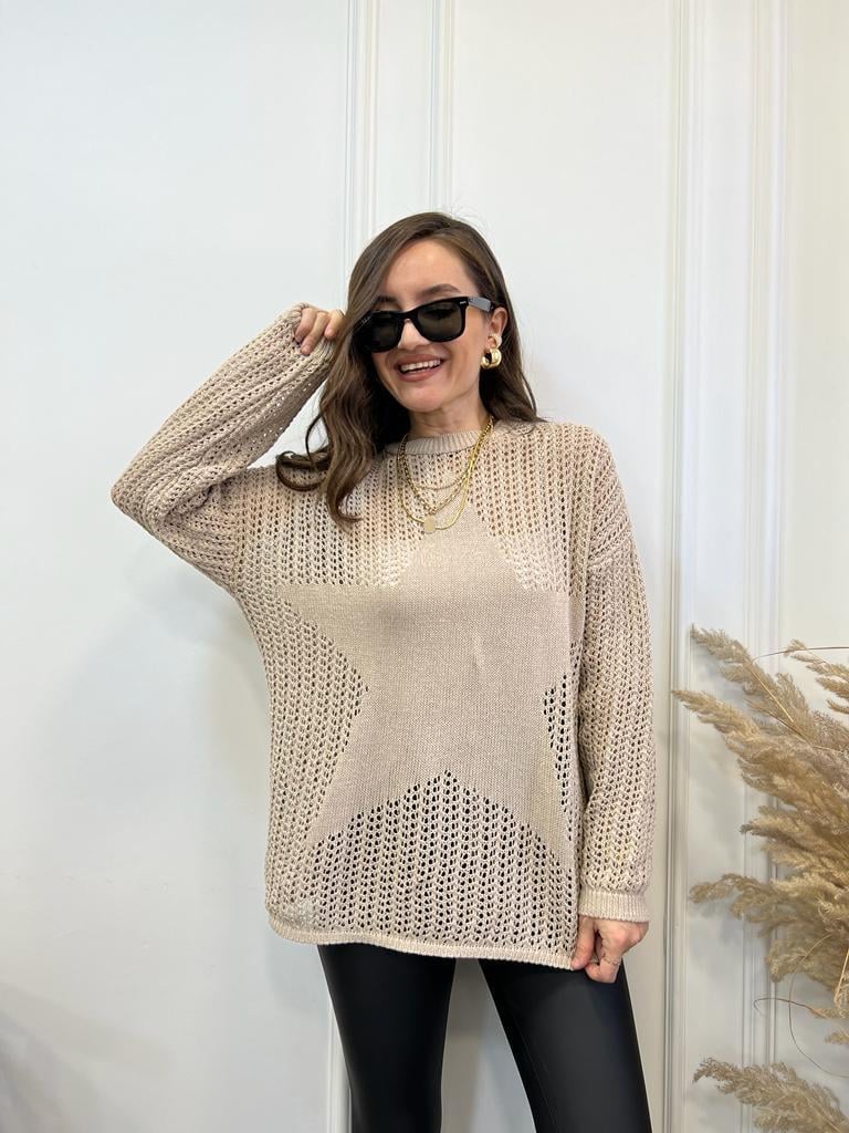 Camel Yıldız Detaylı Örme Kazak 4036
