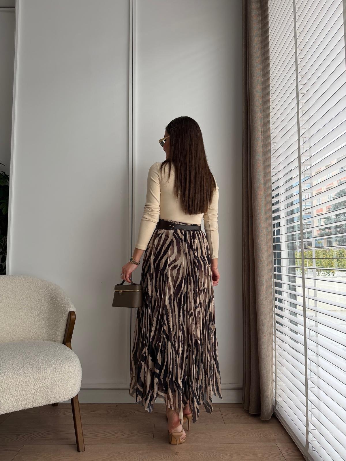 Camel Zebra Desen Şifon Etek 3370