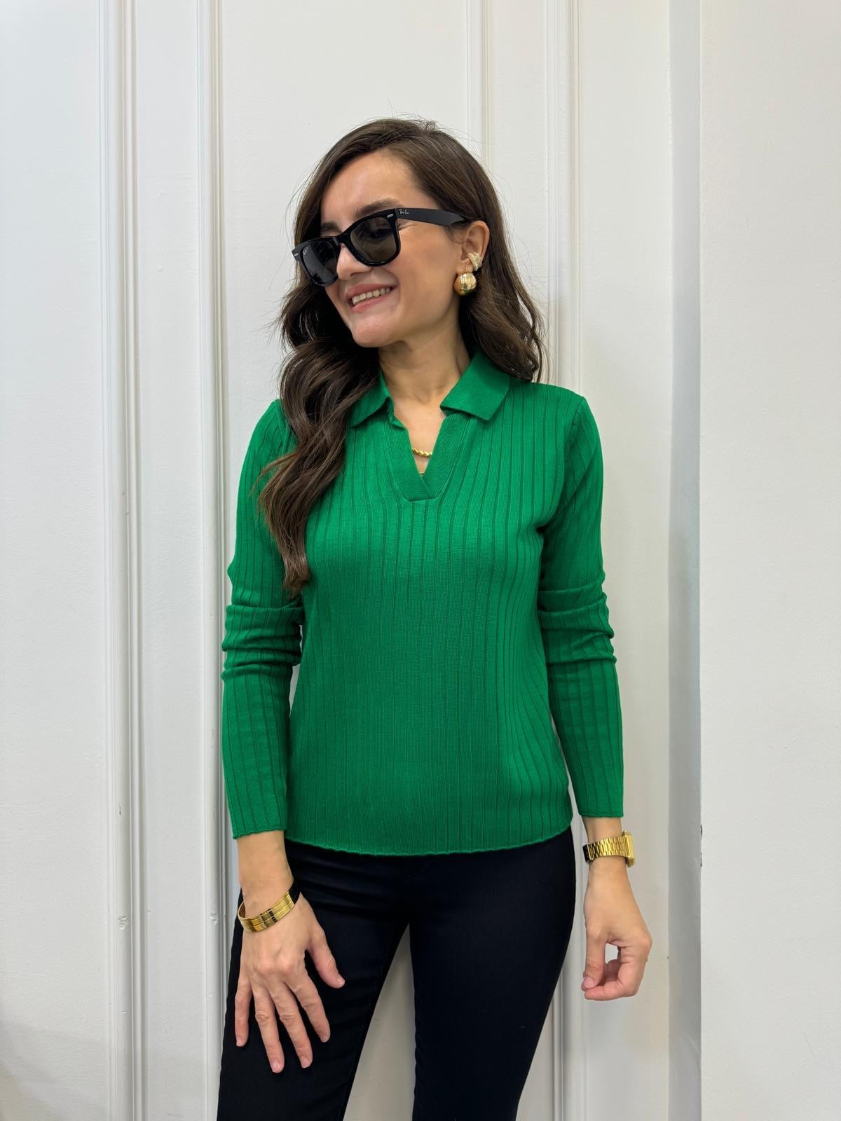 Çimen yeşili Polo Yaka Fitilli Triko Bluz 3243