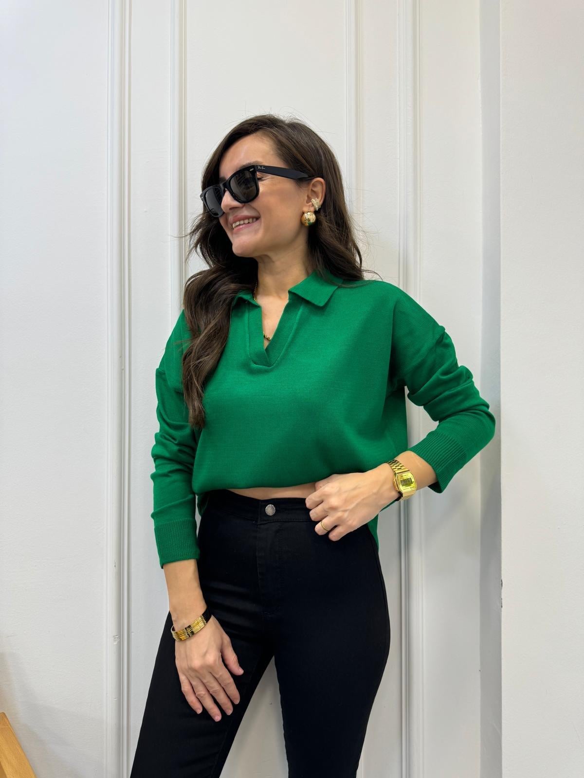 Çimen yeşili Polo Yaka Triko Bluz 3215