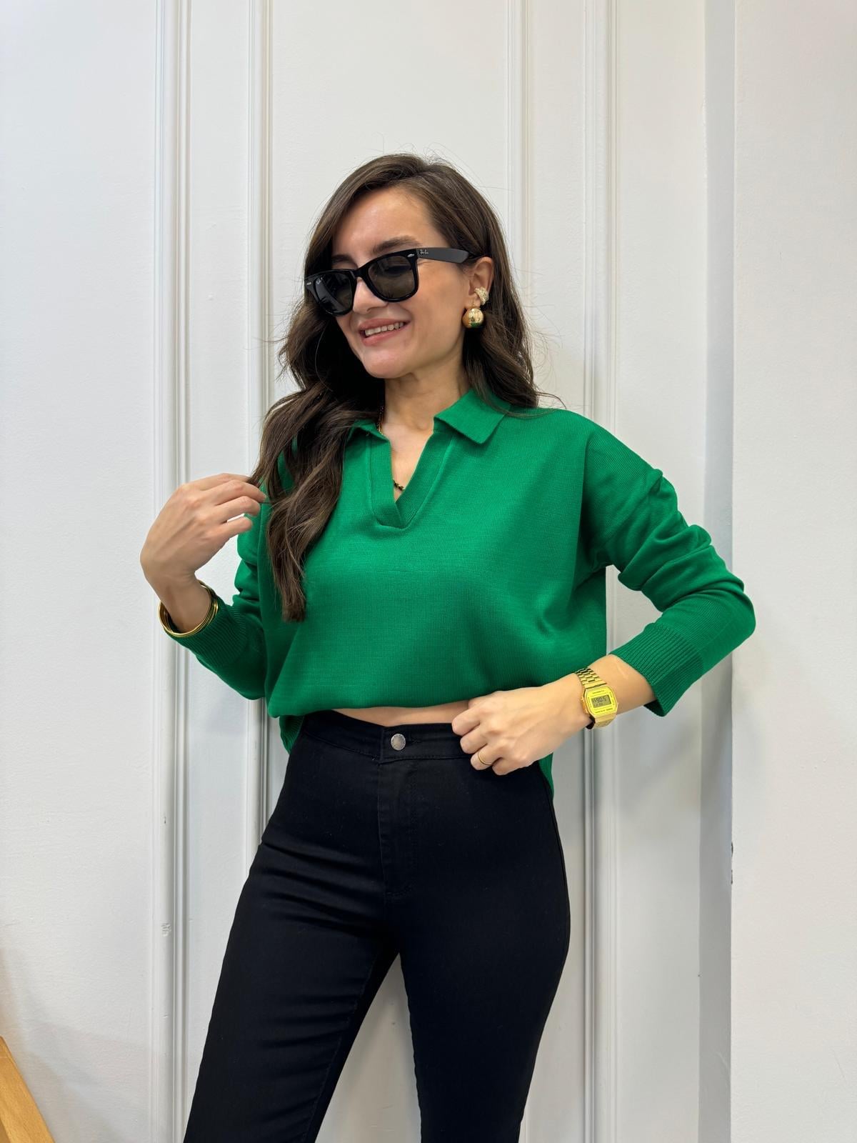 Çimen yeşili Polo Yaka Triko Bluz 3215