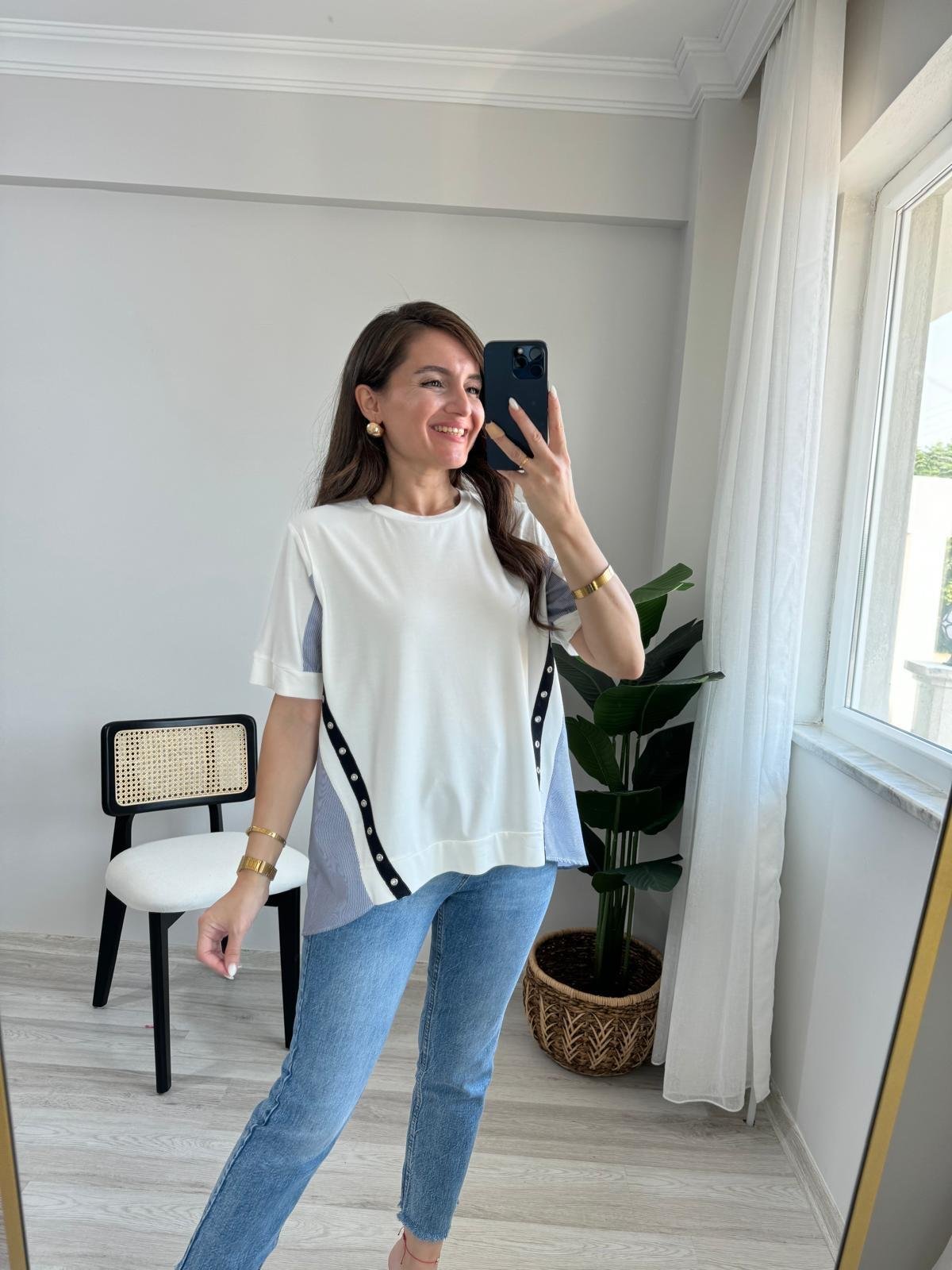 Ekru Arkası Gömlek Detaylı Tasarım Bluz 2928