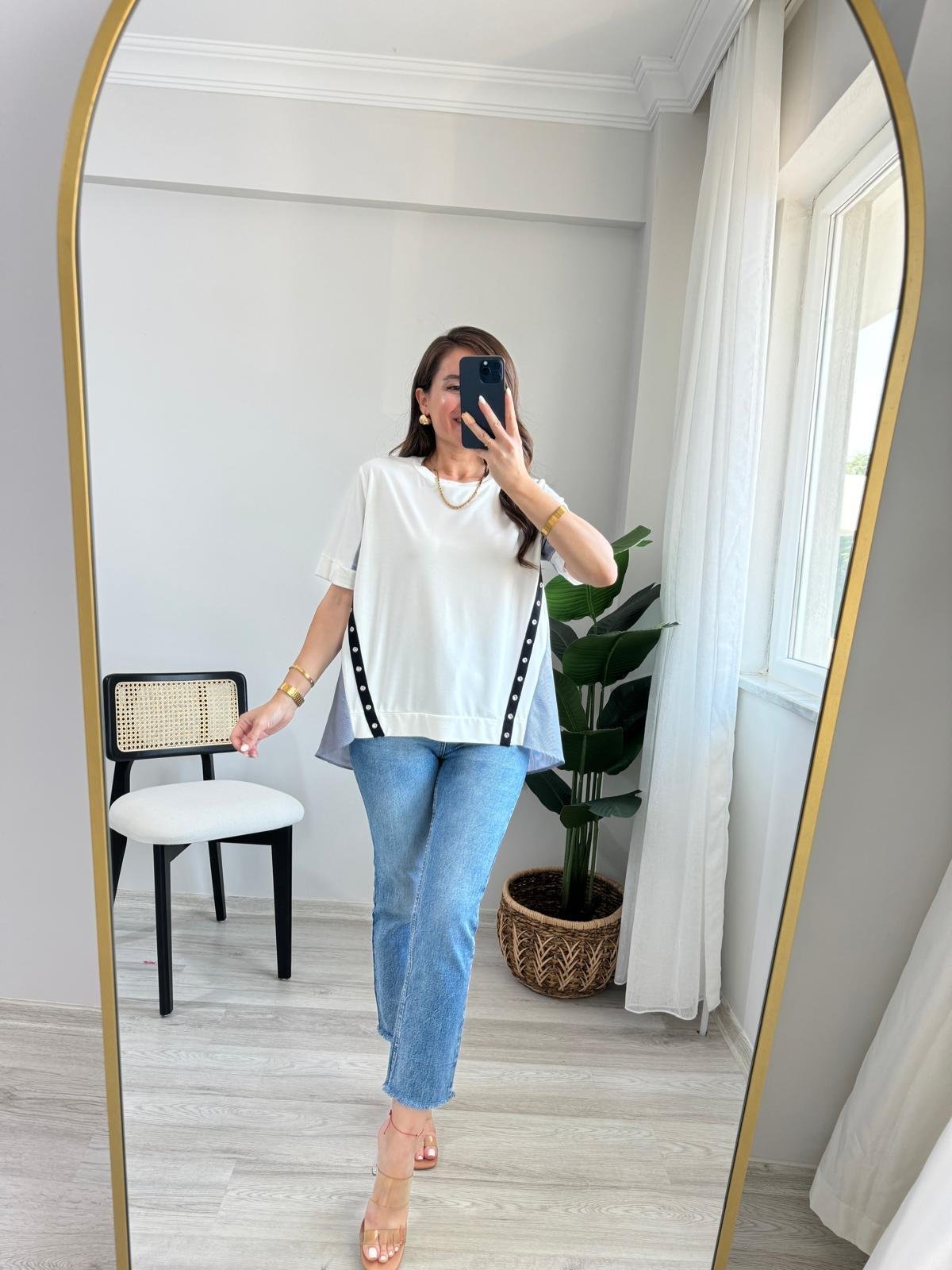 Ekru Arkası Gömlek Detaylı Tasarım Bluz 2928