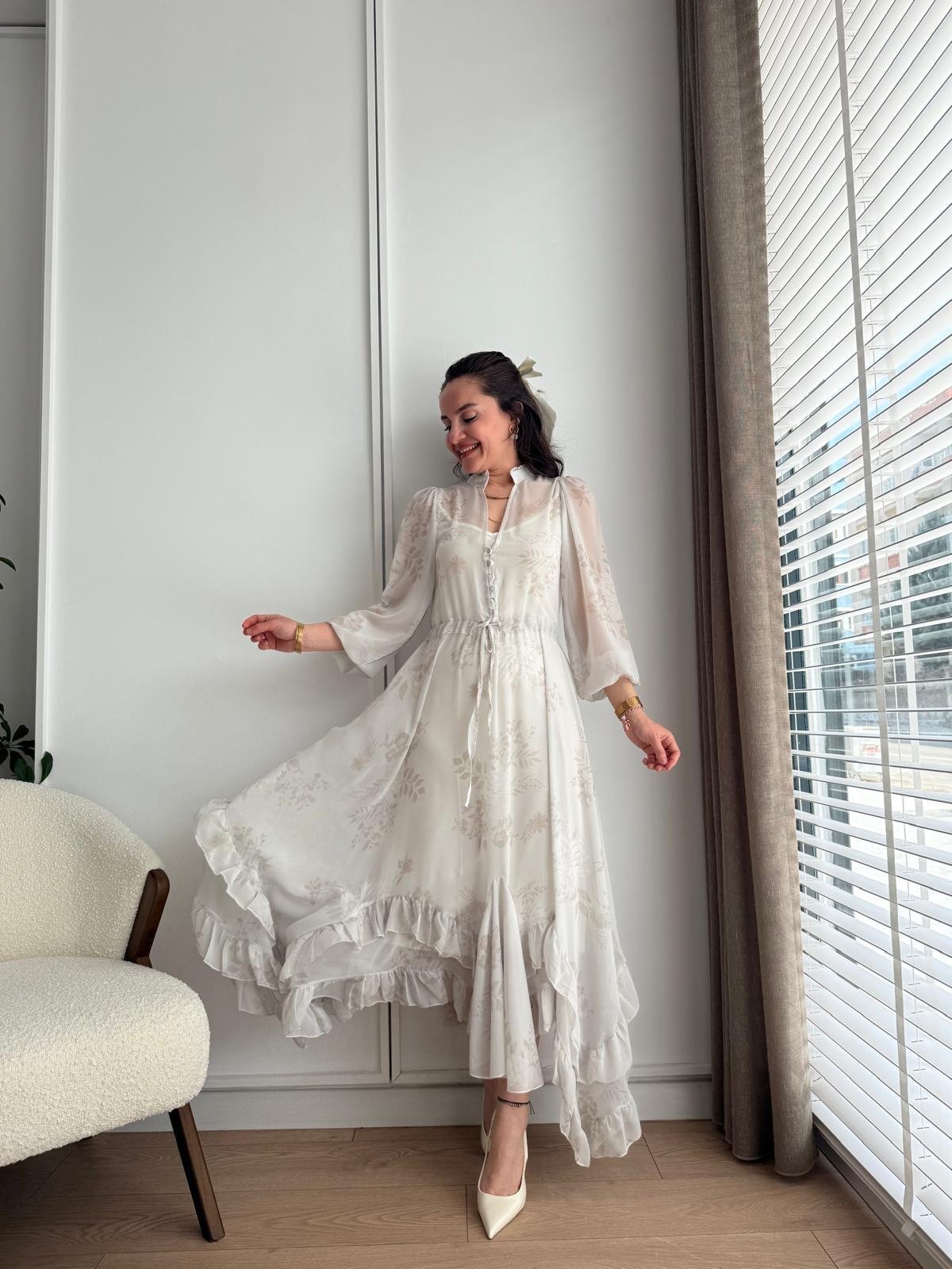 Ekru Astarlı Şifon Elbise 0807