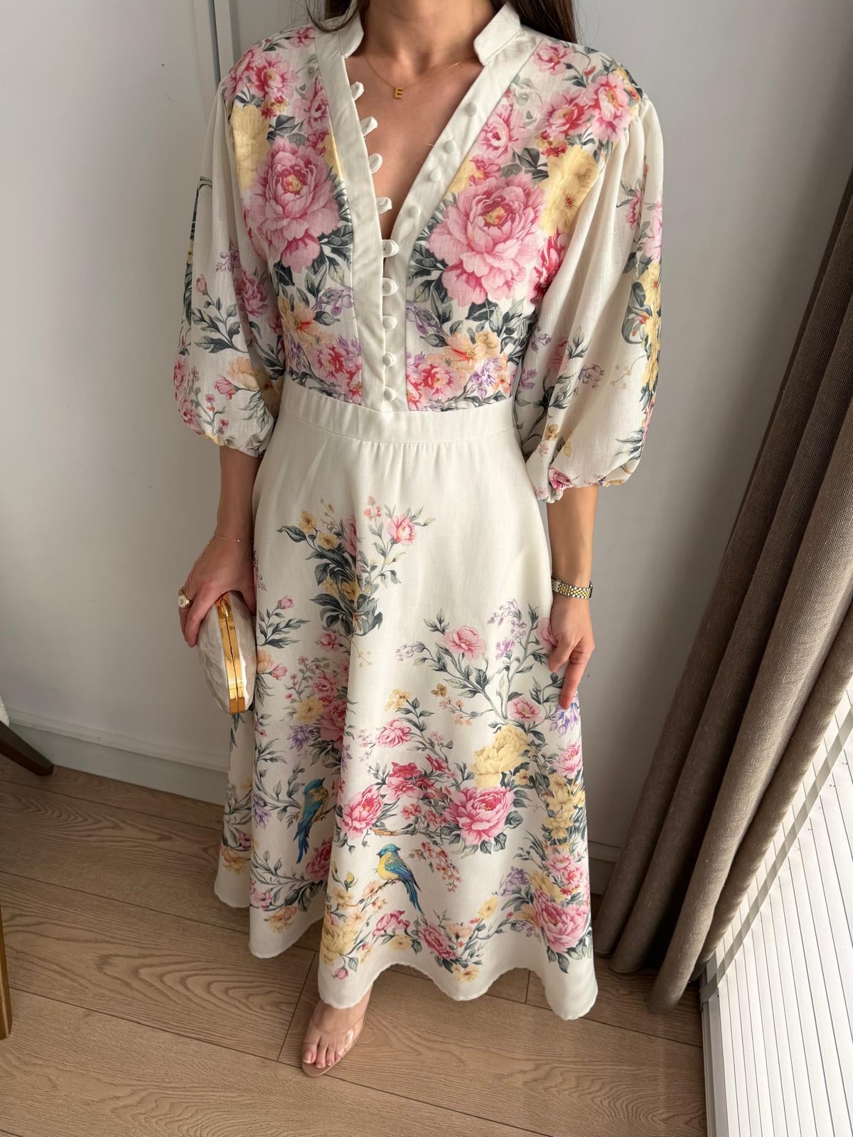 Ekru Balon Kol Floral Desenli Elbise 7986
