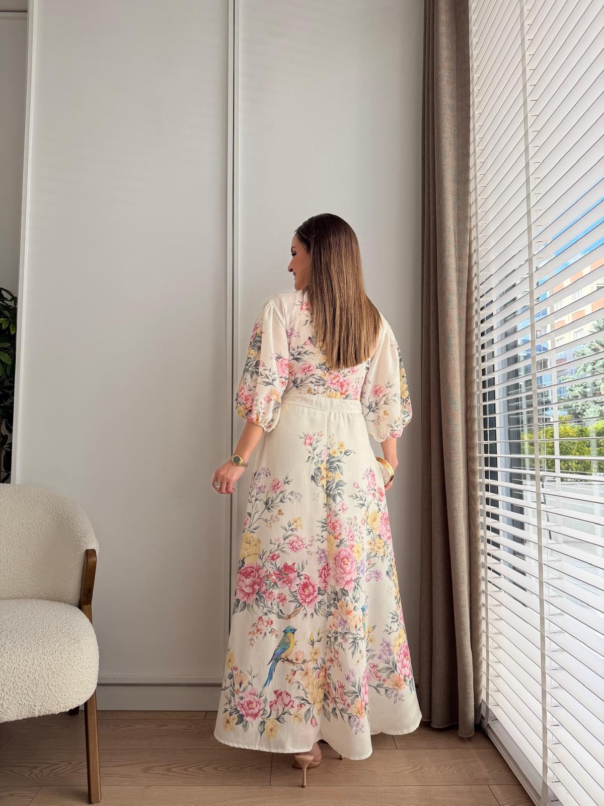 Ekru Balon Kol Floral Desenli Elbise 7986