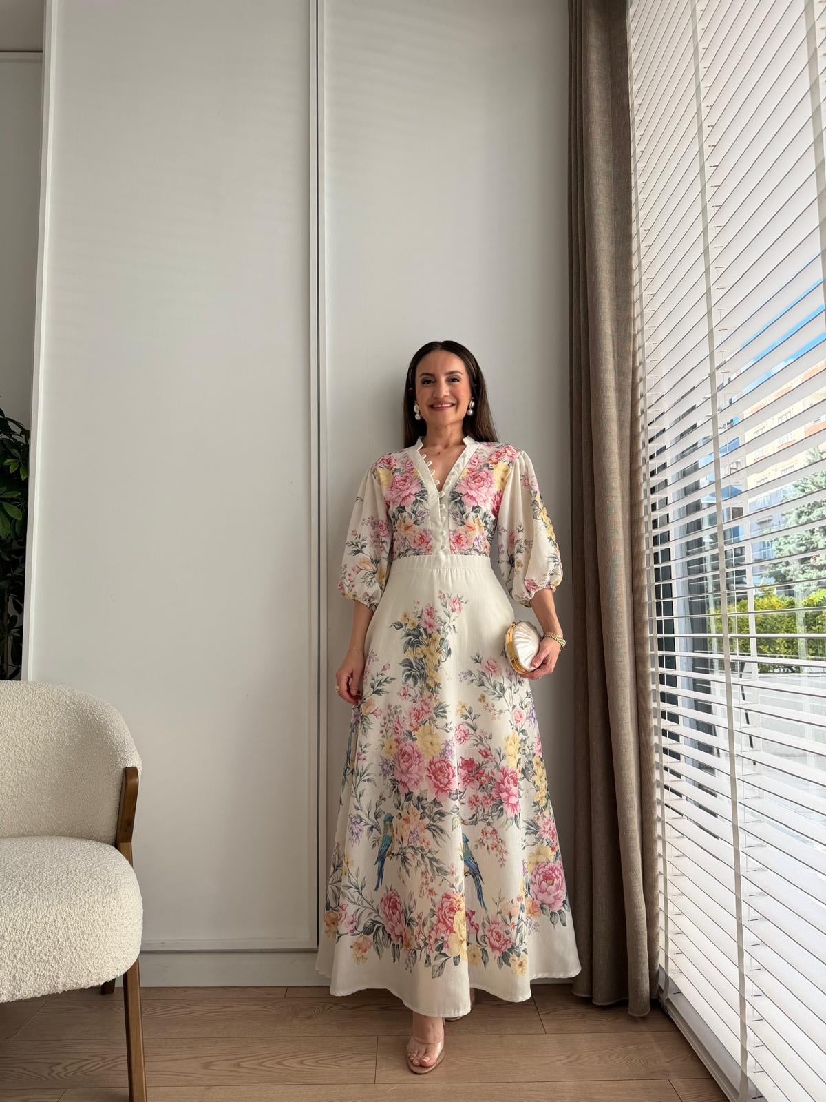 Ekru Balon Kol Floral Desenli Elbise 7986