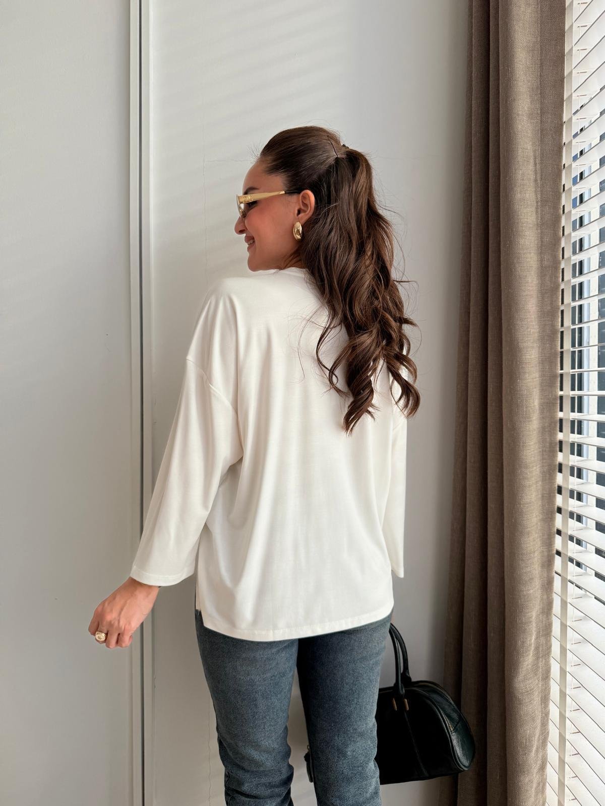 Ekru Baskı Detaylı Bluz 30389