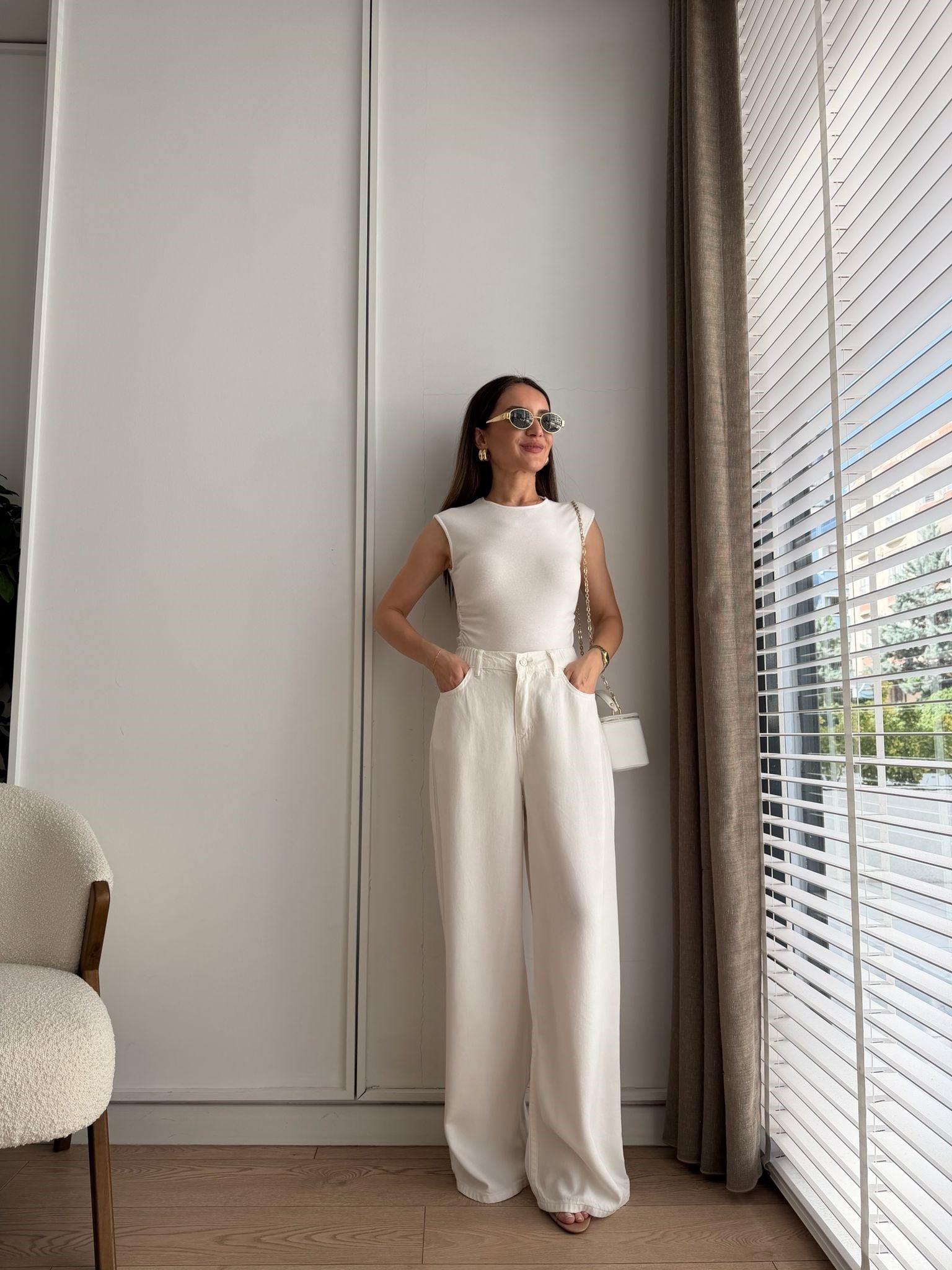 Ekru Beli Lastikli Tensel Palazzo Jean 1071