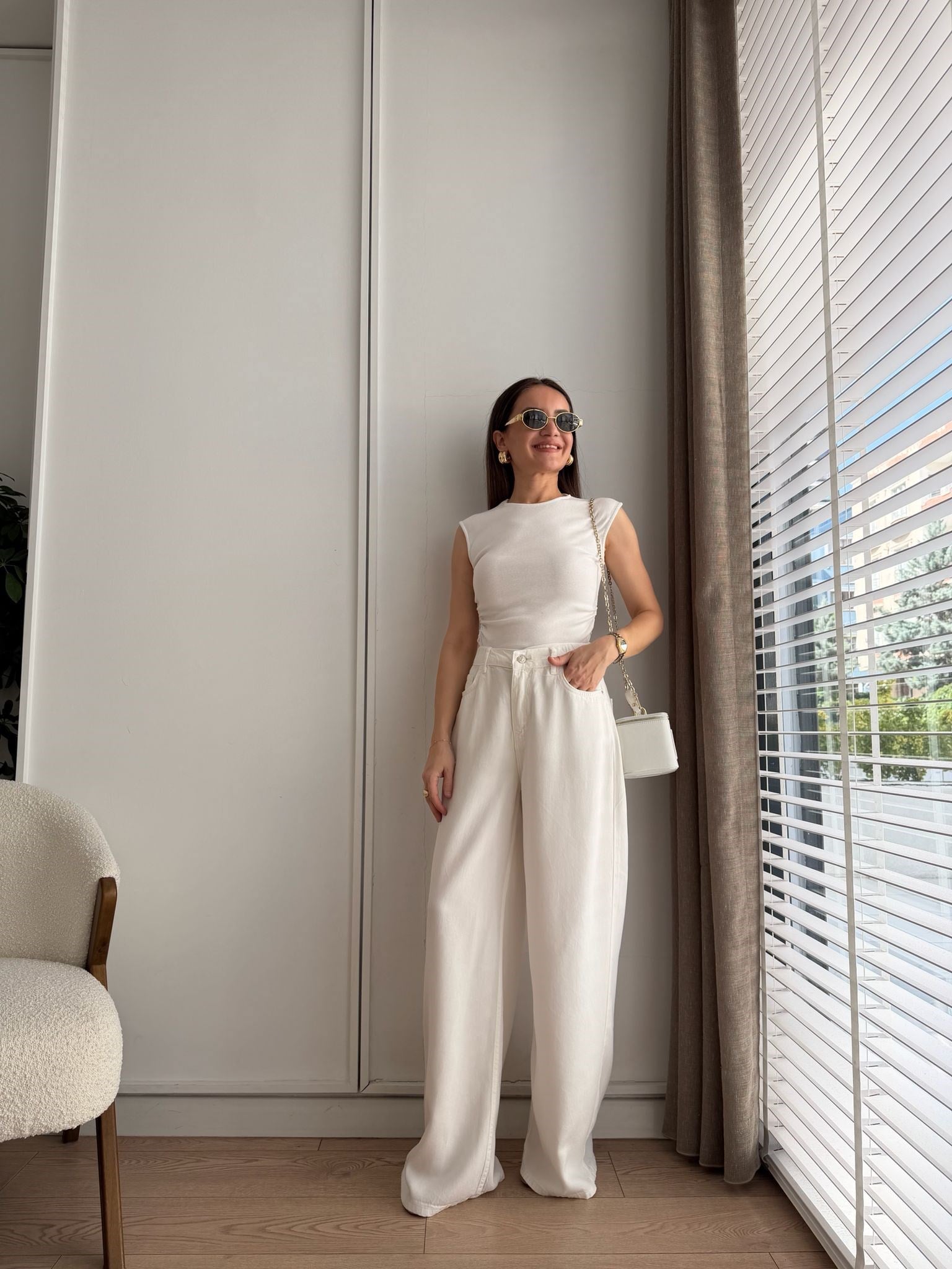 Ekru Beli Lastikli Tensel Palazzo Jean 1071
