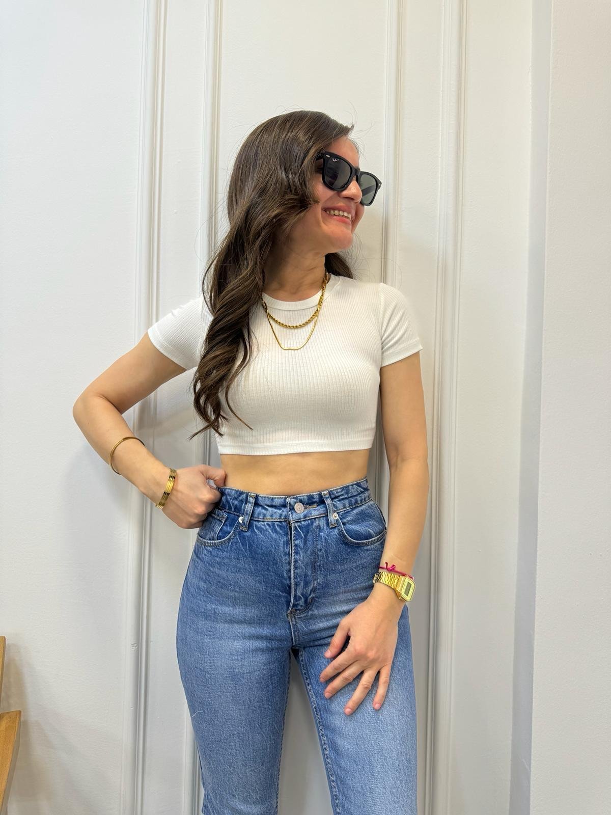 Ekru Bisiklet Yaka Fitilli Crop Tişört 4845
