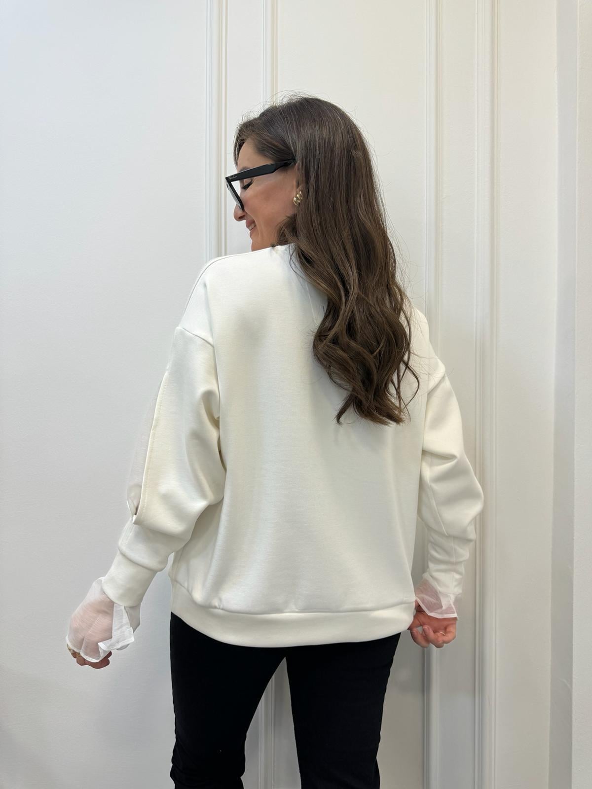 Ekru Bisiklet Yaka Kol Detaylı Tasarım Sweatshirt 2868