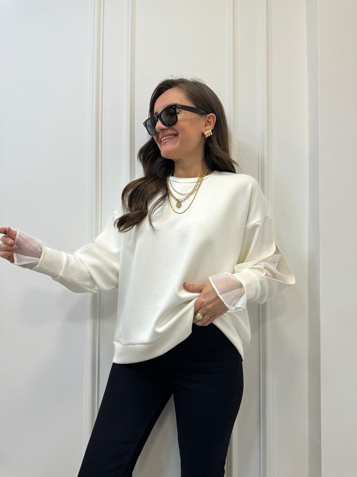 Ekru Bisiklet Yaka Kol Detaylı Tasarım Sweatshirt 2868