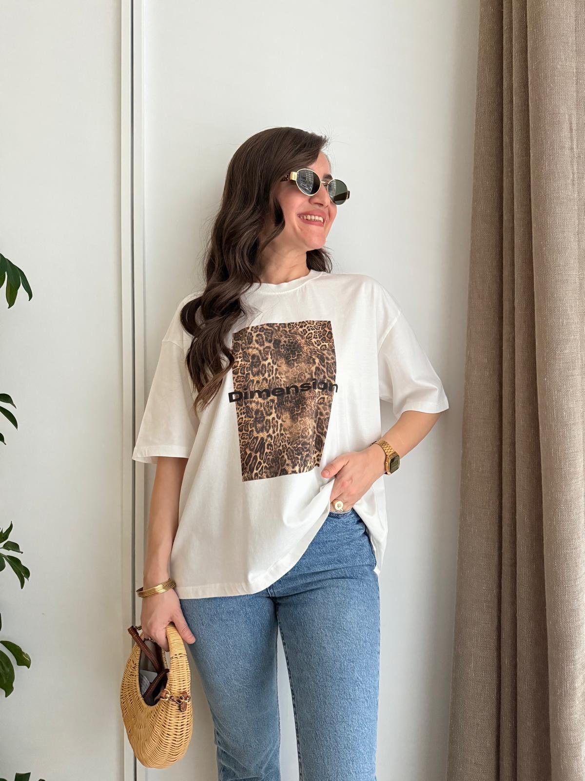 Ekru Bisiklet Yaka Leopar Desenli Tshirt 251040