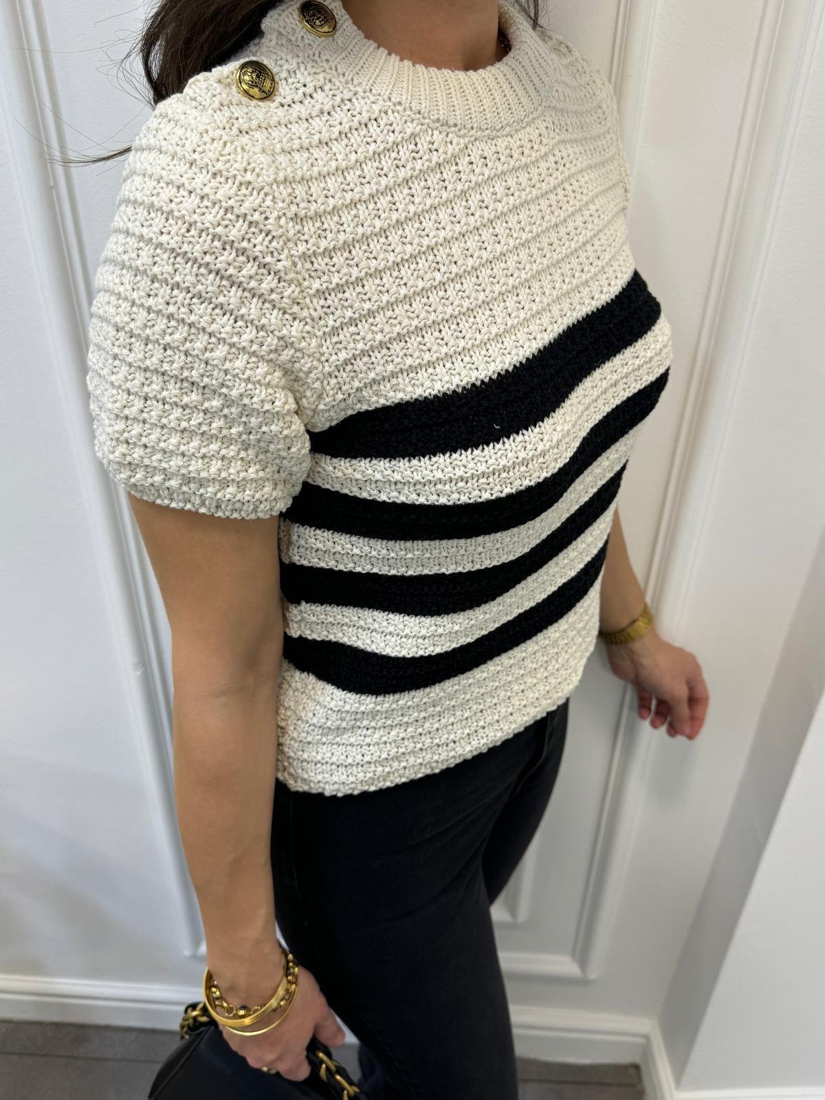 Ekru Bisiklet Yaka Şerit Desenli Triko Kazak 4294