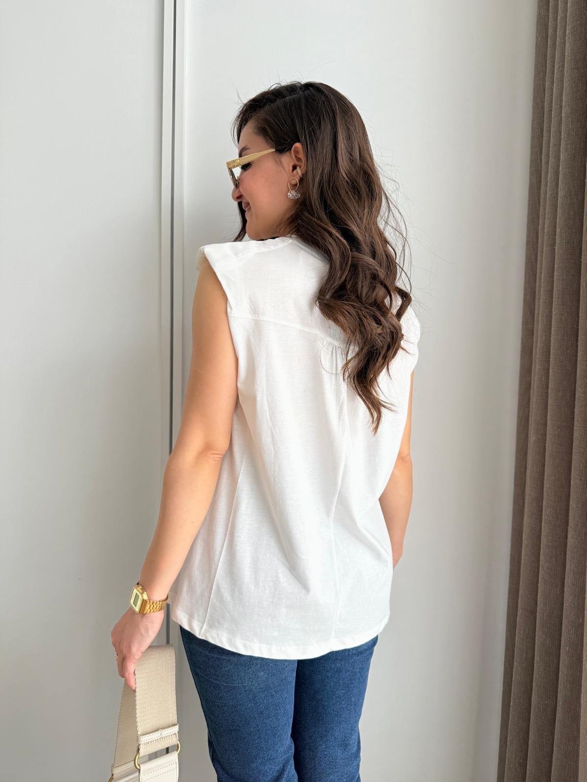 Ekru Bisiklet Yaka Vatkalı Tüy Baskılı Tshirt 29573
