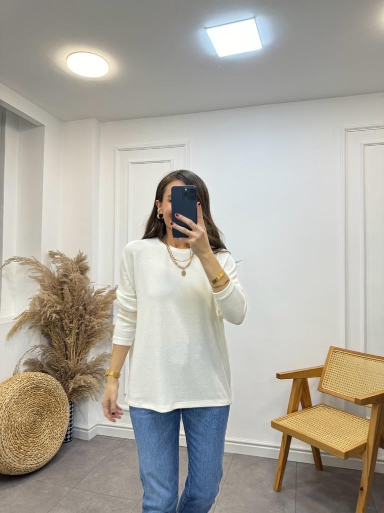 Ekru Bisiklet Yaka Yumoş Triko Bluz 0050
