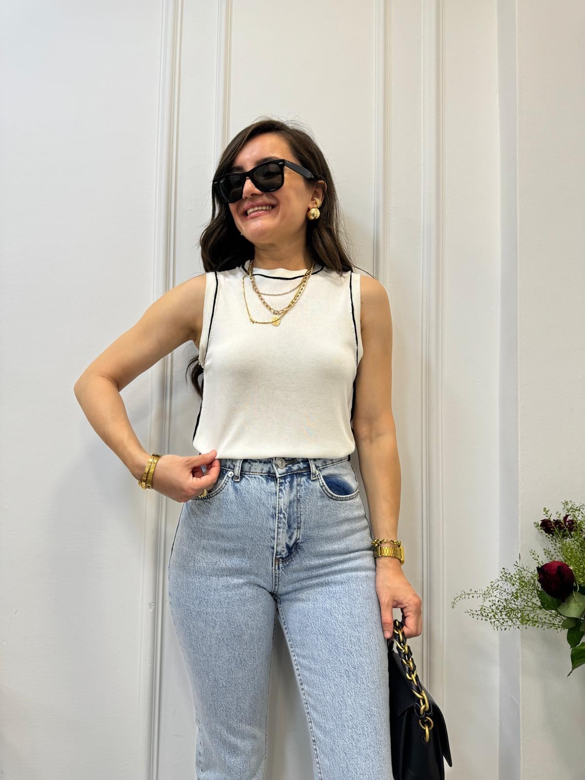 Ekru Biye Detaylı Triko Bluz 2325