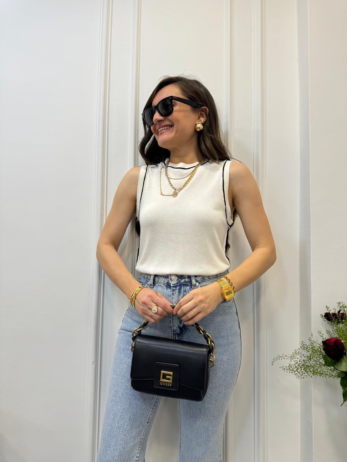 Ekru Biye Detaylı Triko Bluz 2325