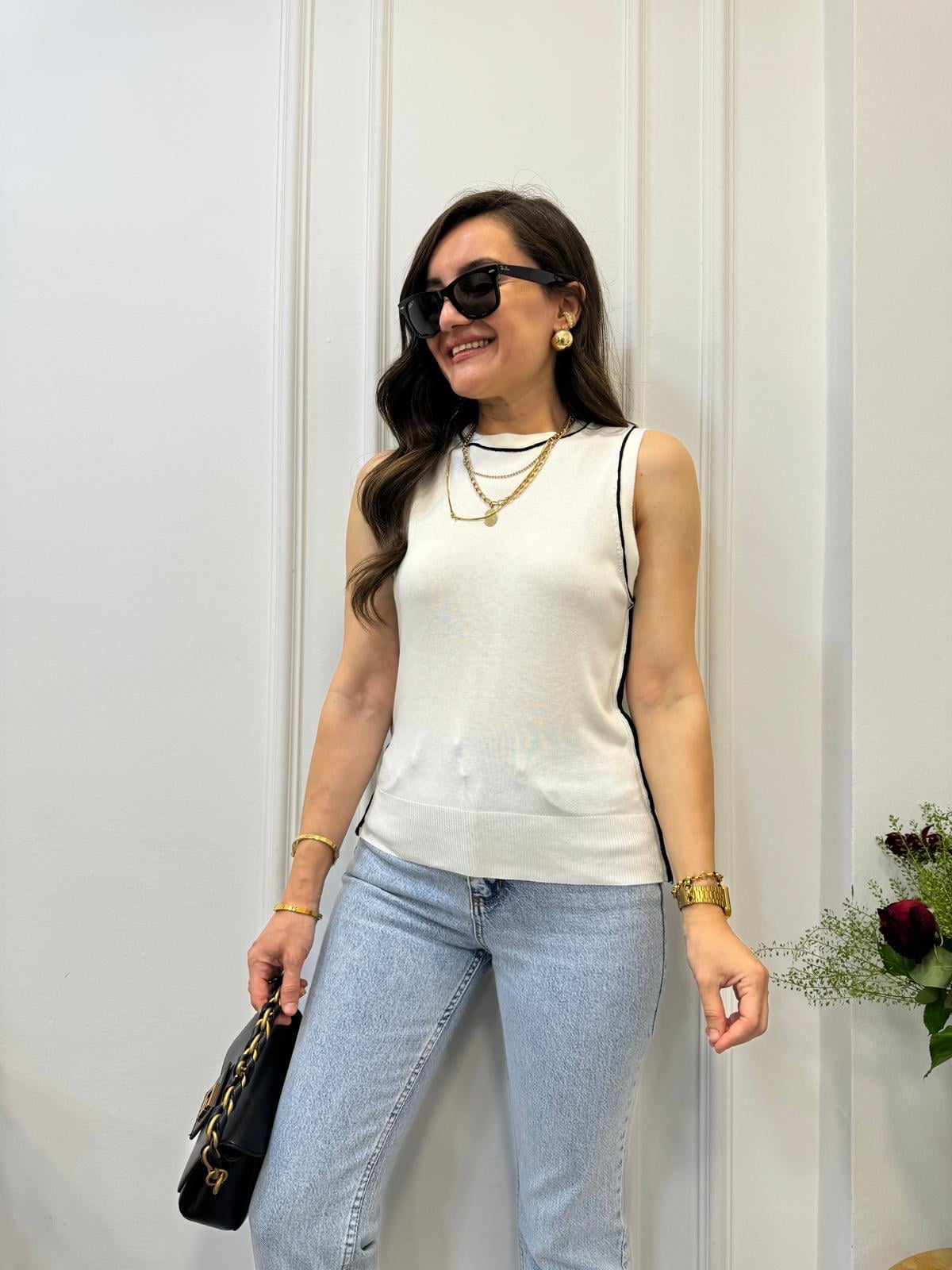 Ekru Biye Detaylı Triko Bluz 2325