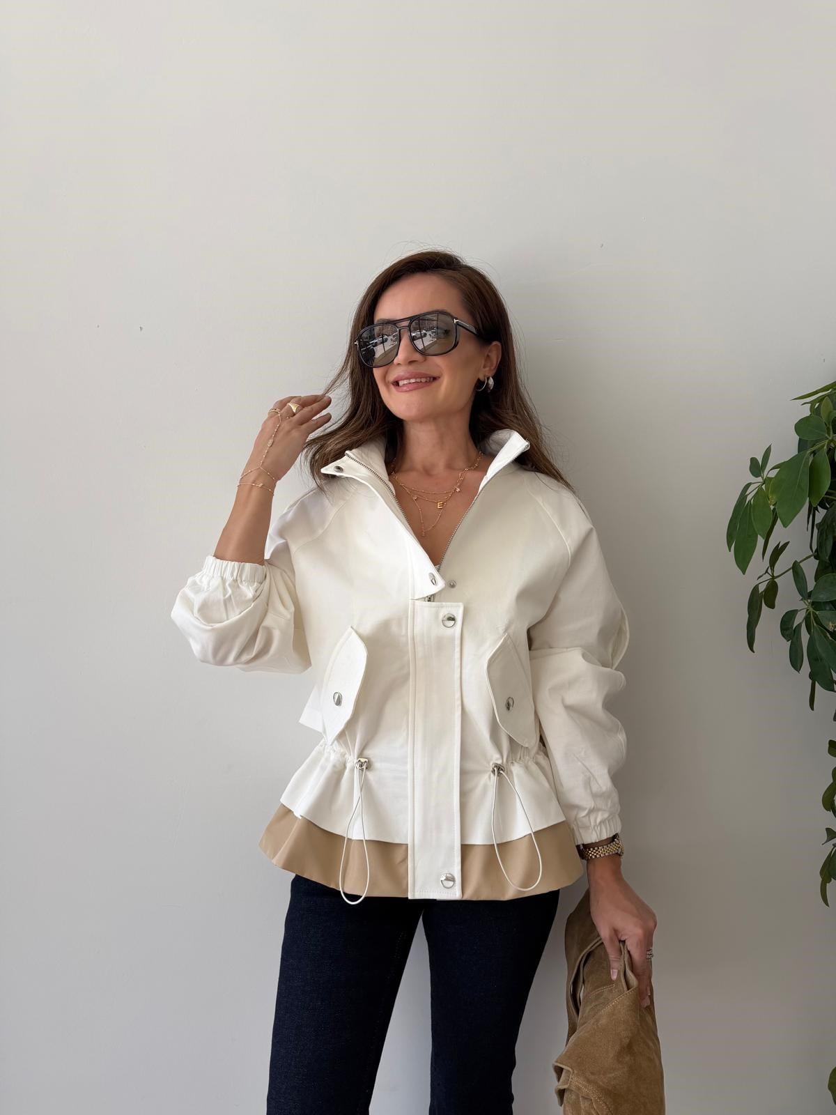 Ekru Büzgü Detaylı Garnili Ceket 37613
