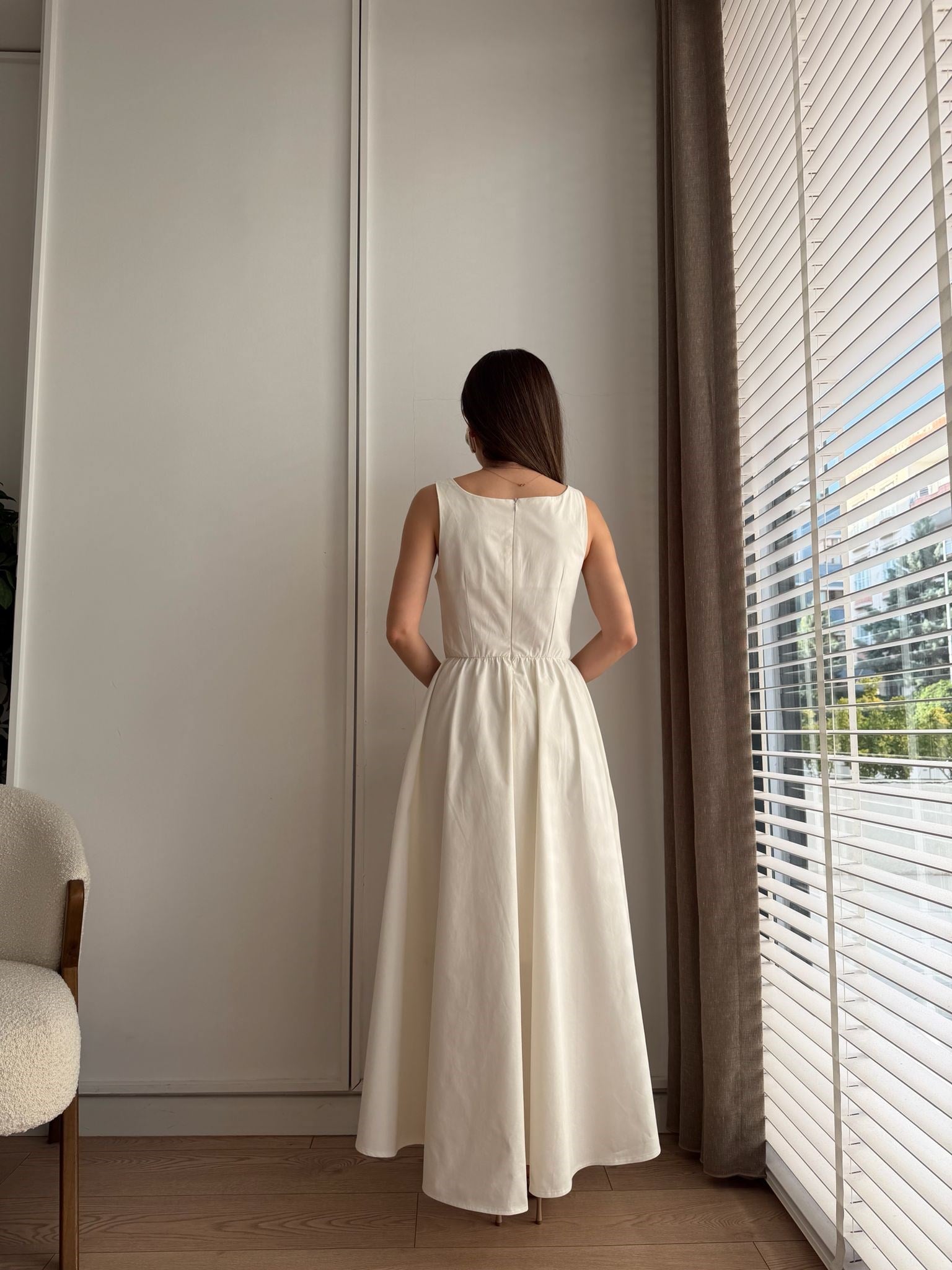 Ekru Çakım Detaylı Astarlı Elbise 37465