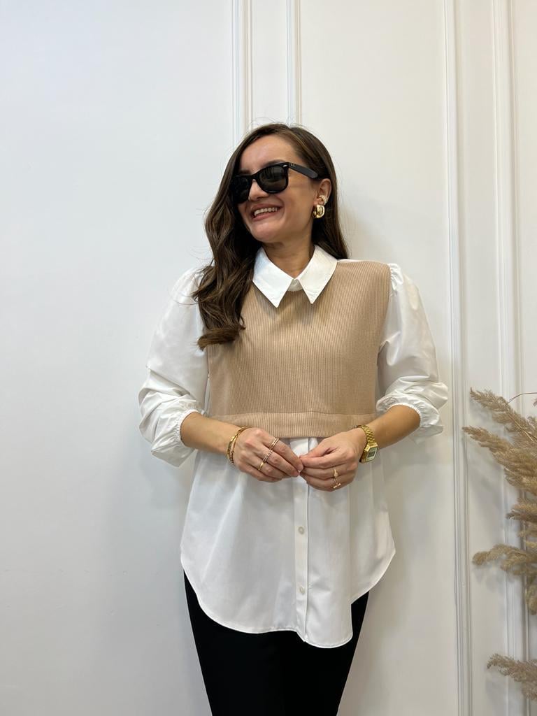 Ekru Camel Triko Detaylı Gömlek 28133