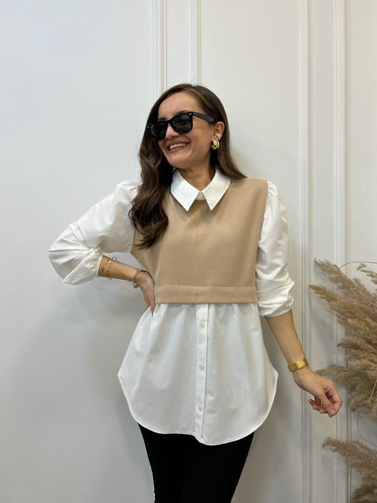 Ekru Camel Triko Detaylı Gömlek 28133