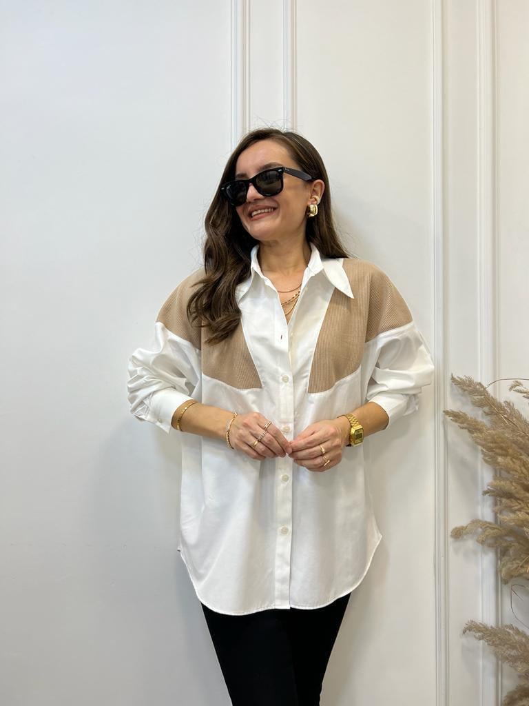 Ekru Camel Triko Detaylı Oversize Gömlek 28034