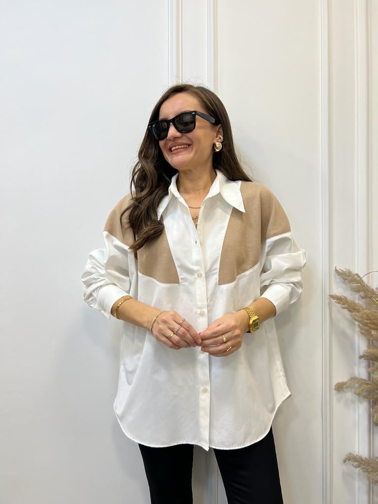 Ekru Camel Triko Detaylı Oversize Gömlek 28034