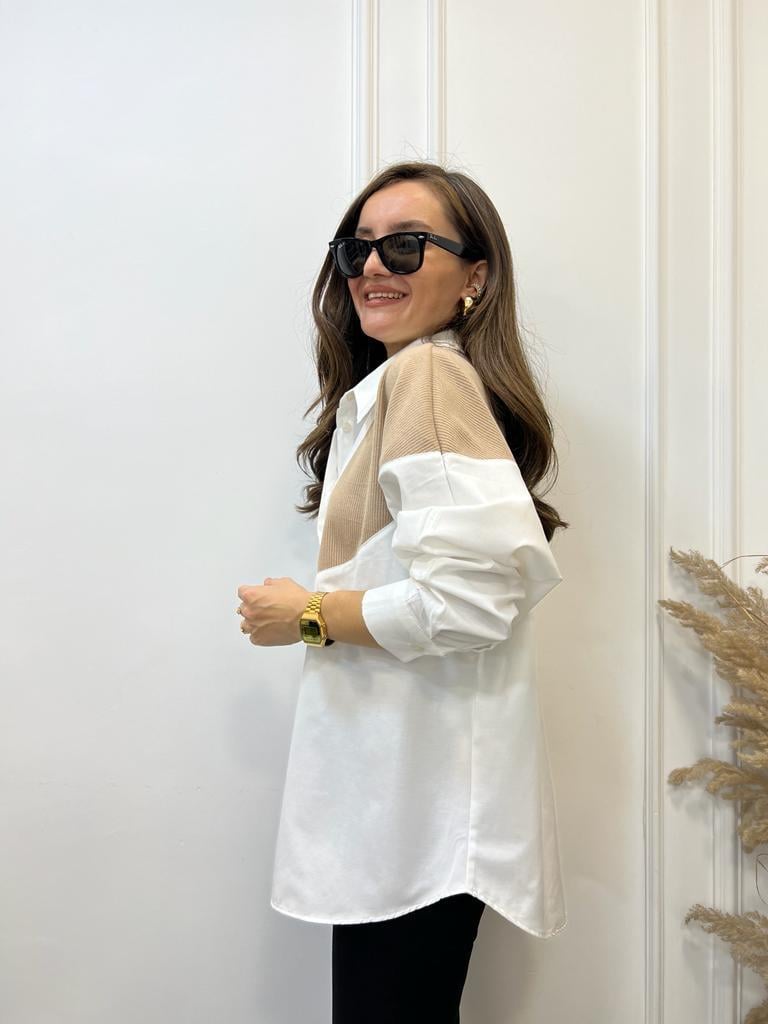 Ekru Camel Triko Detaylı Oversize Gömlek 28034