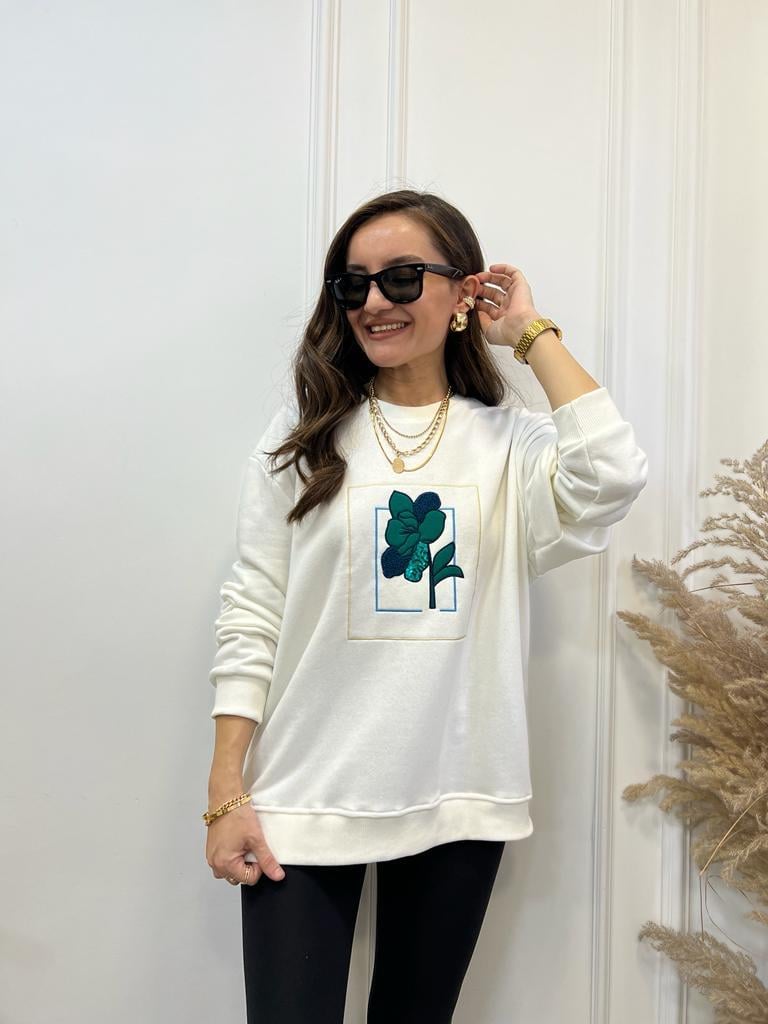 Ekru Çiçek Nakış İşlemeli Orijinal Marka Sweatshirt 2767