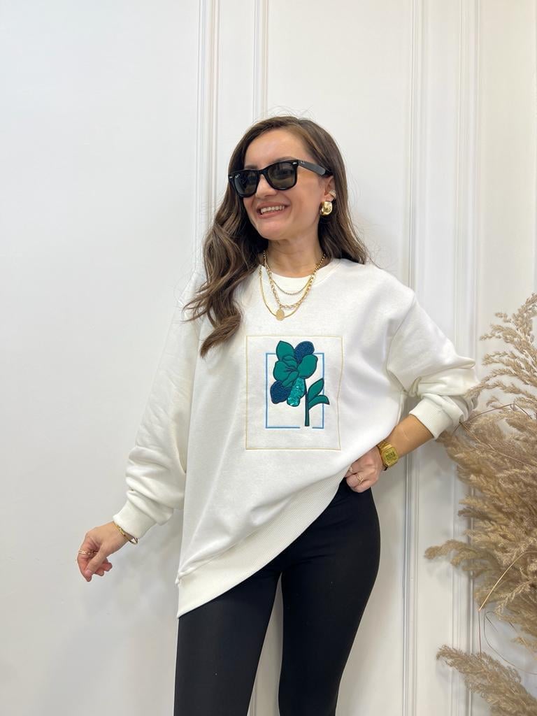 Ekru Çiçek Nakış İşlemeli Orijinal Marka Sweatshirt 2767