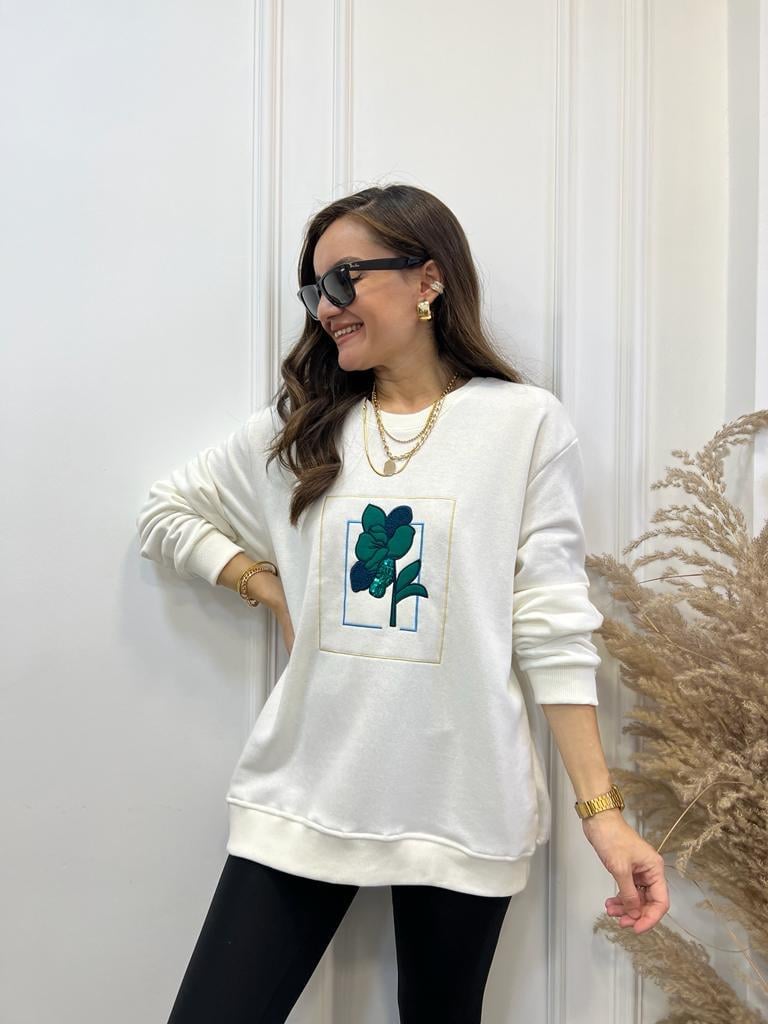 Ekru Çiçek Nakış İşlemeli Orijinal Marka Sweatshirt 2767