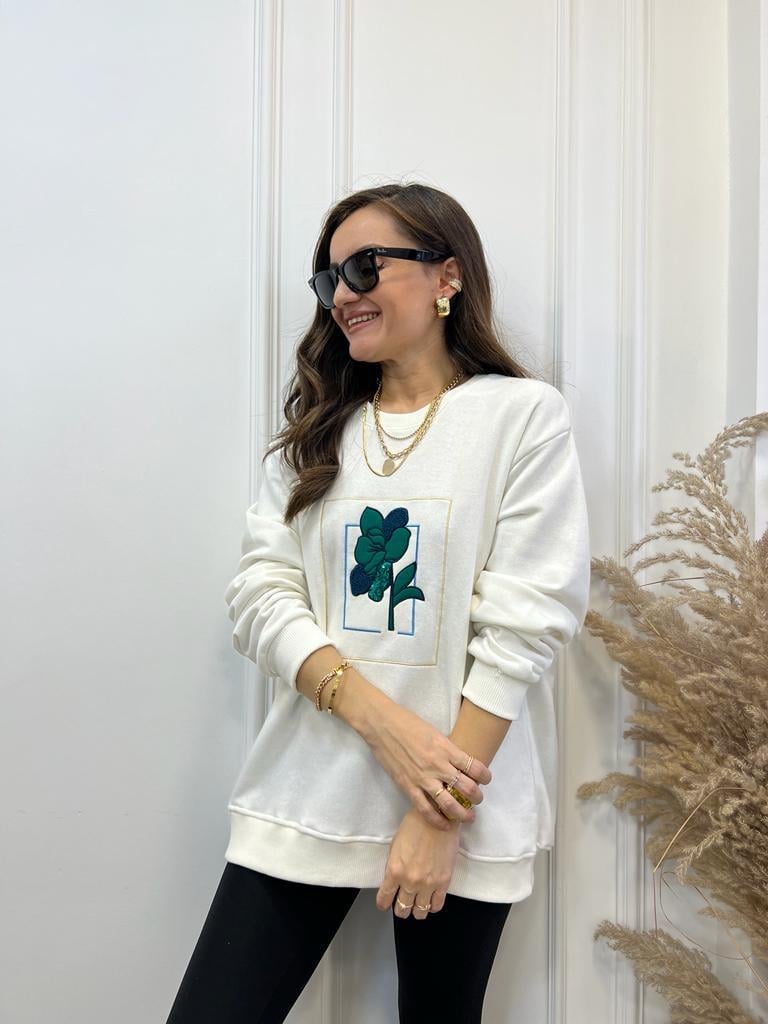 Ekru Çiçek Nakış İşlemeli Orijinal Marka Sweatshirt 2767