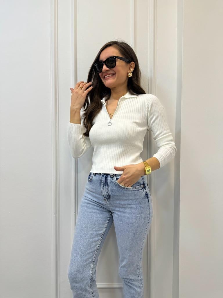 Ekru Çizgili Polo Yaka Fermuarlı Triko Bluz 3739