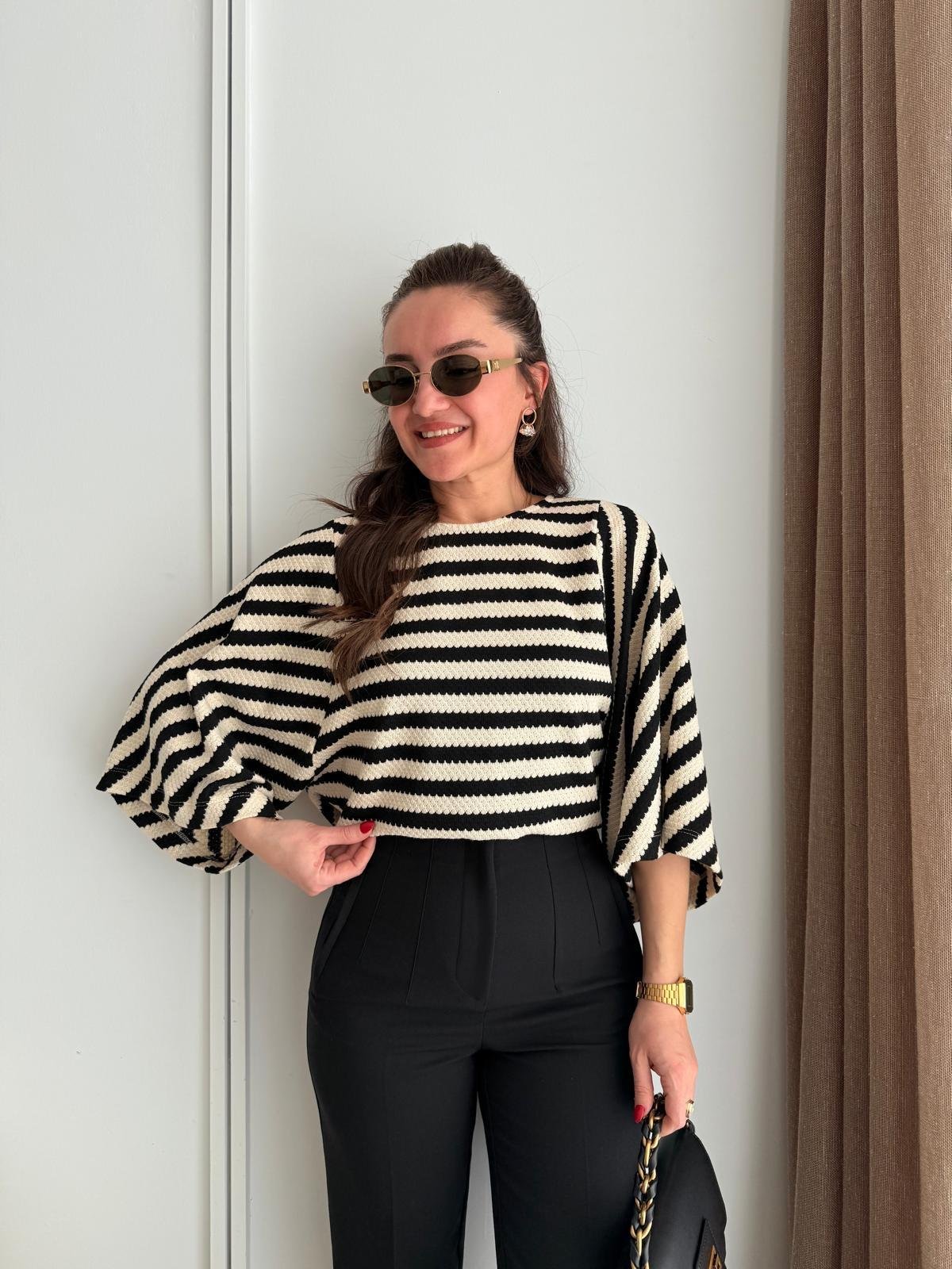 Ekru Çizgili Triko Bluz 29835