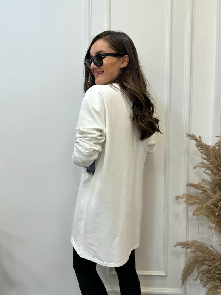 Ekru Denım Detaylı Ön Düğmeli Sweatshirt 28242