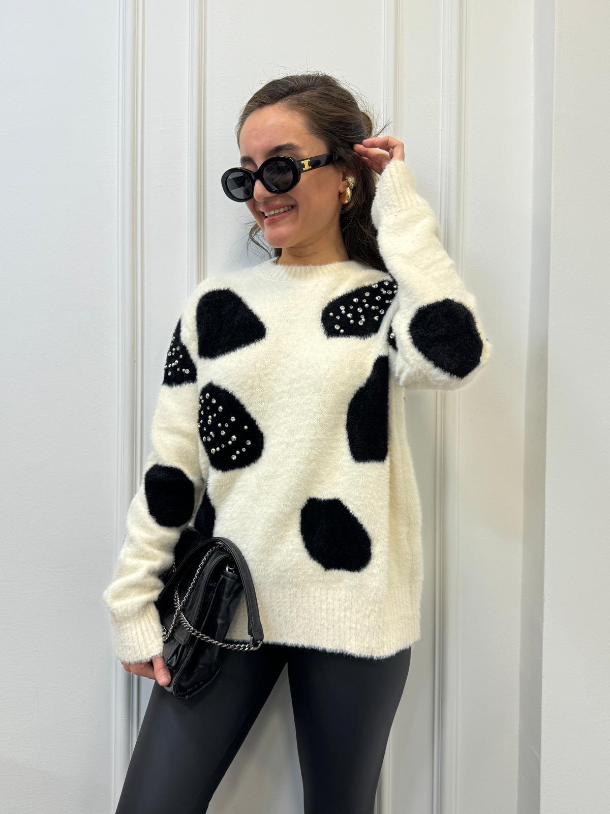 Ekru Desenli İnci Detaylı Angora Yumoş Kazak 5149