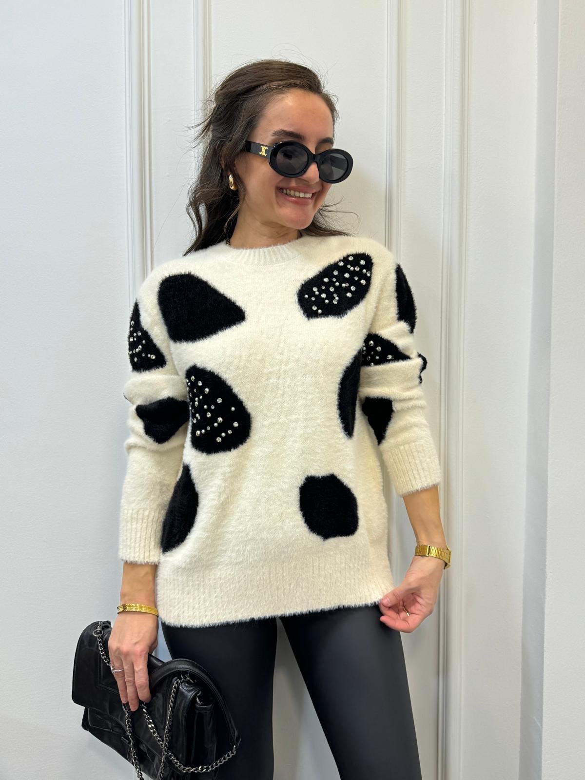 Ekru Desenli İnci Detaylı Angora Yumoş Kazak 5149