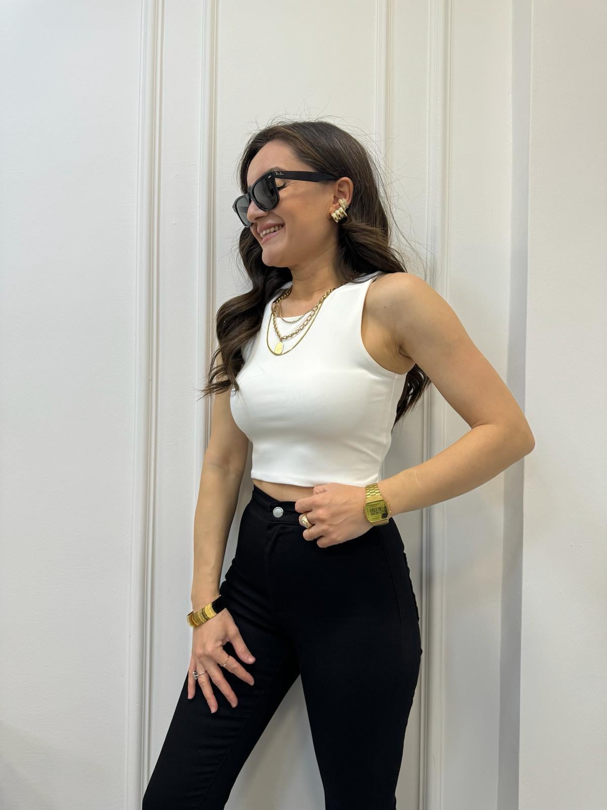 Ekru Double Kumaş Likralı Halter Yaka Crop 0017