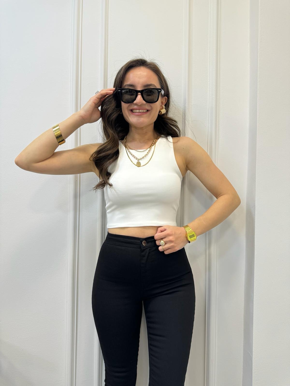 Ekru Double Kumaş Likralı Halter Yaka Crop 0017