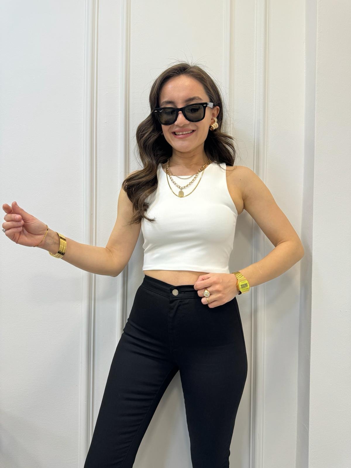 Ekru Double Kumaş Likralı Halter Yaka Crop 0017
