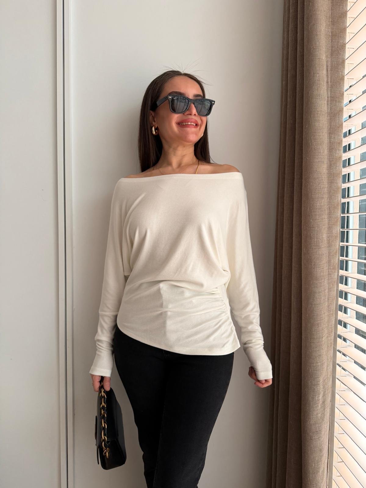 Ekru Drape Detaylı Yarasa Kol Bluz 251077